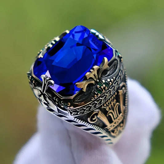 Anel Pedra Azul Quadrada com Flor-de-Lis