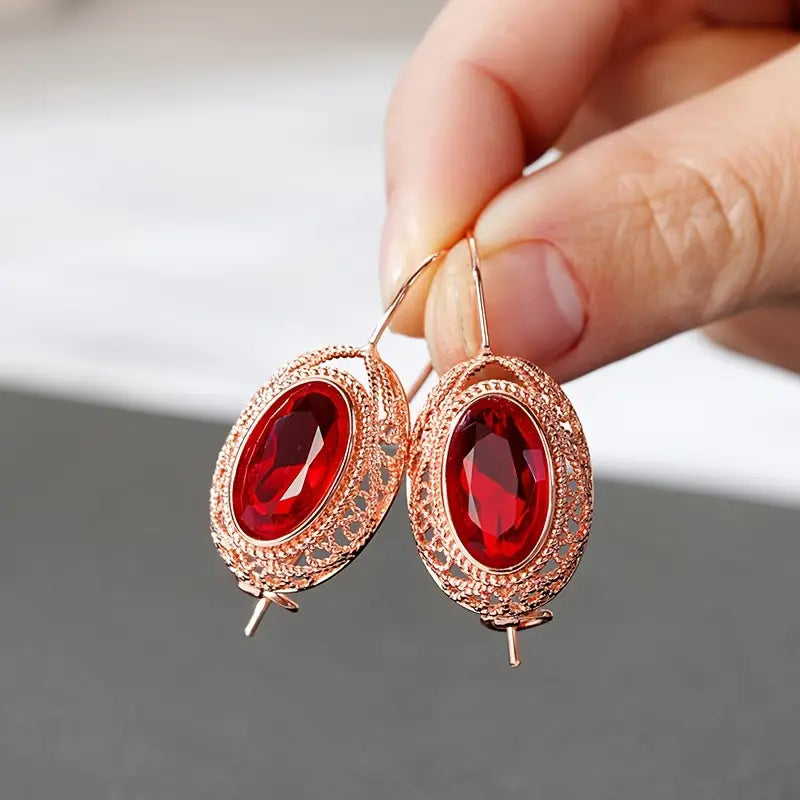 Brincos Oval Vermelho em Filigrana Dourado-Rosa