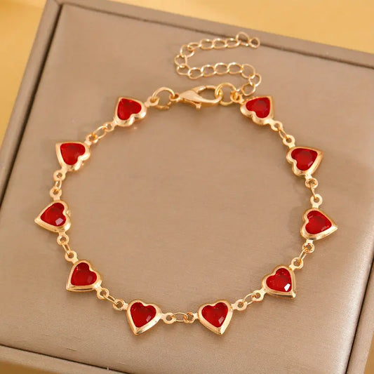 Pulseira Dez Corações Vermelhos Dourada