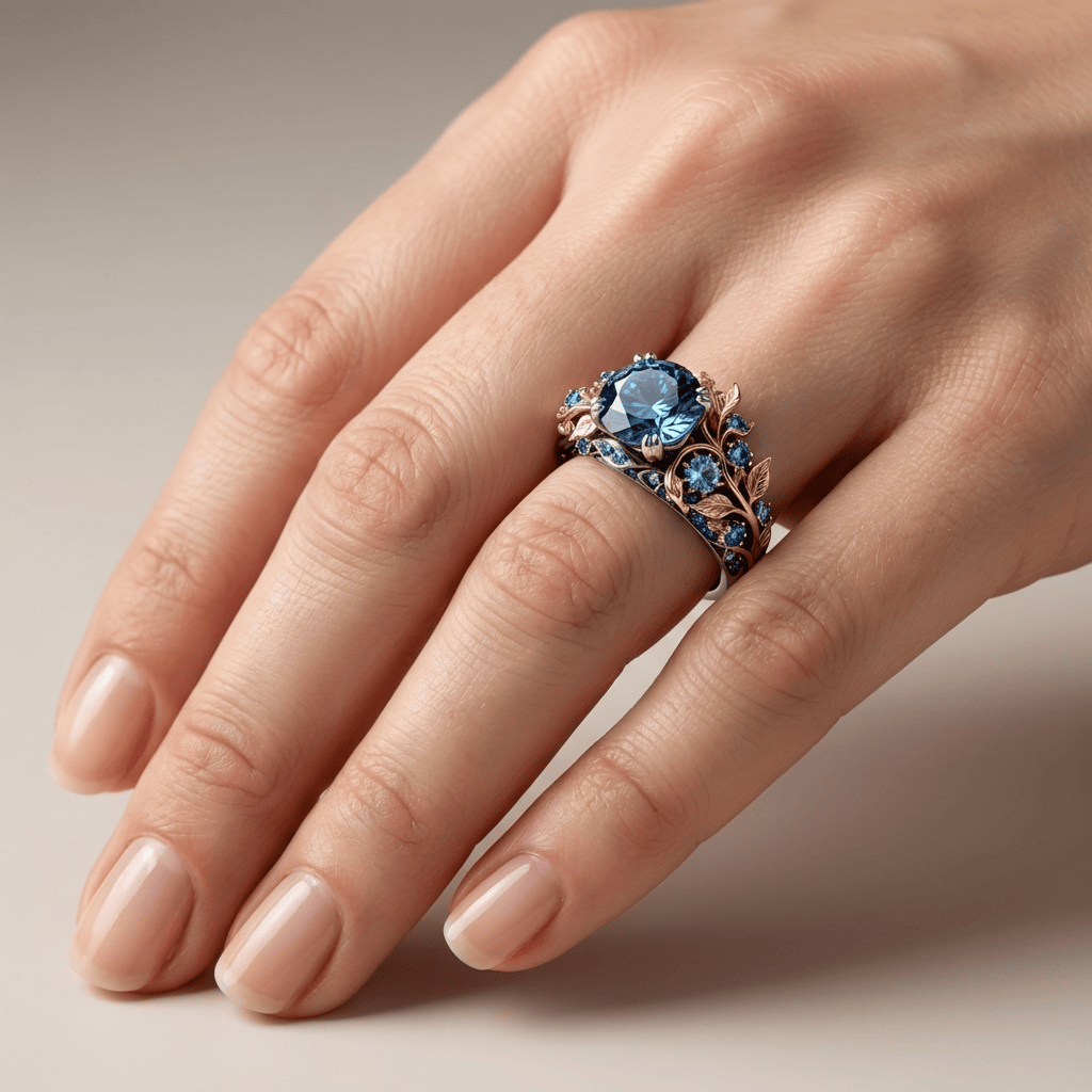 Anel Redondo Azul com Folhas Douradas