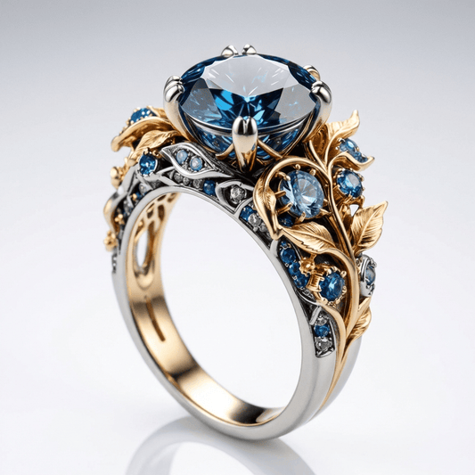 Anel Redondo Azul com Folhas Douradas