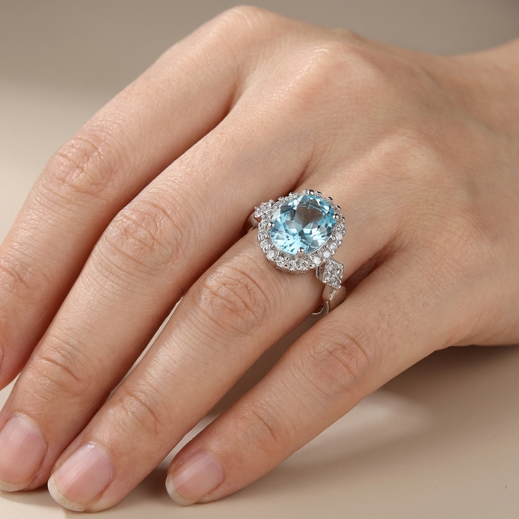 Anel Oval Azul-Claro com Orla de Pedrinhas