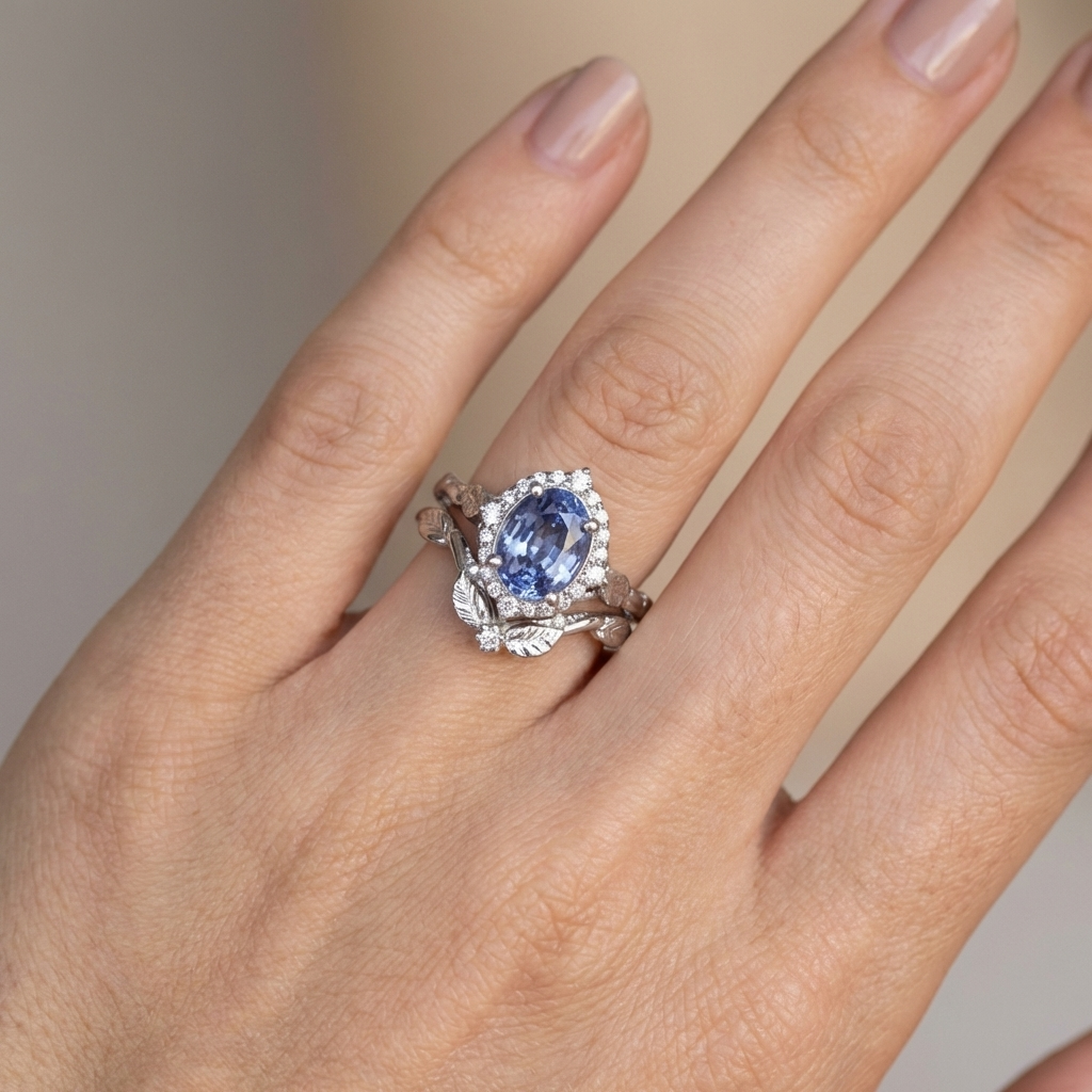 Anel Oval Azul-Claro com Folhas Prateadas
