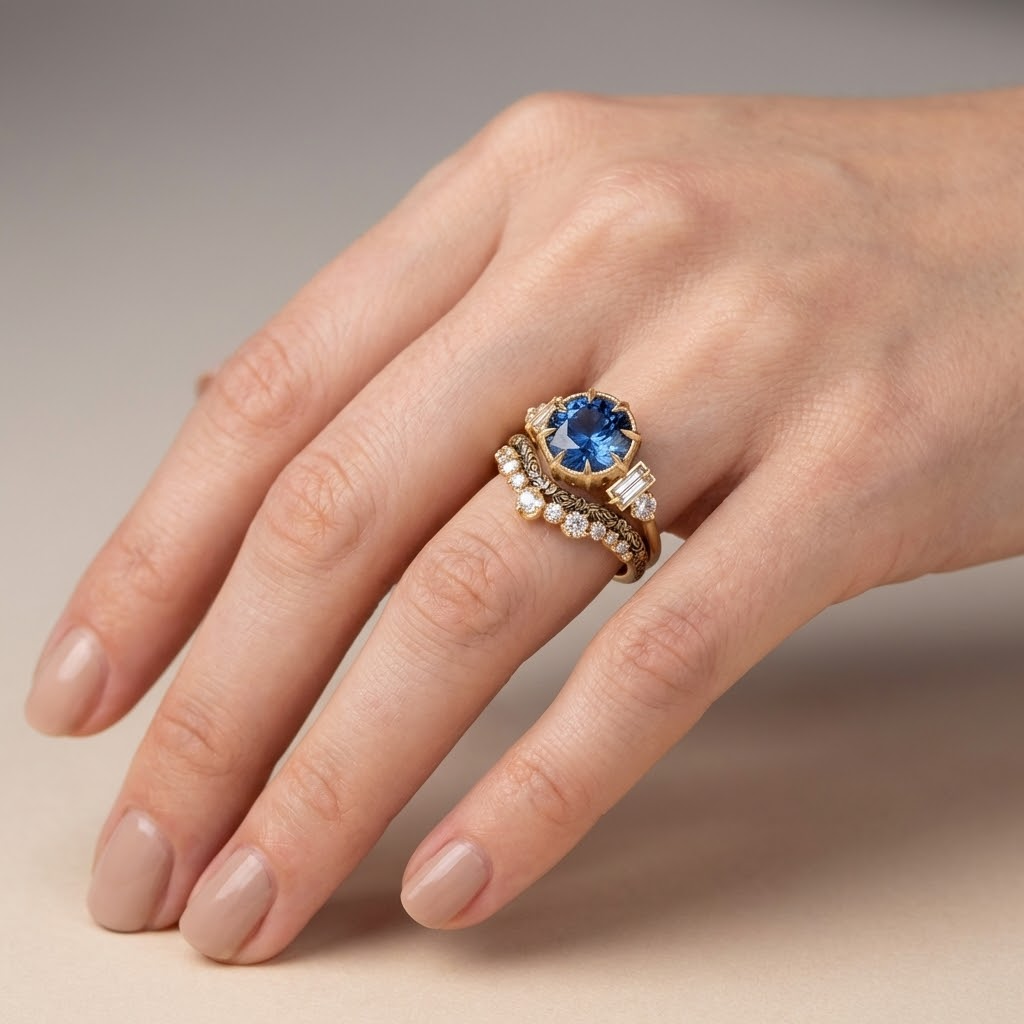 Anel Redondo Azul com Oito Garras