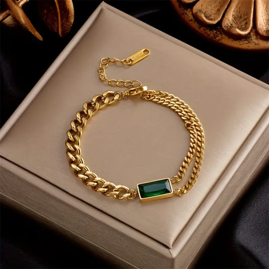 Pulseira Barbela Grossa e Fina com Rectângulo Verde