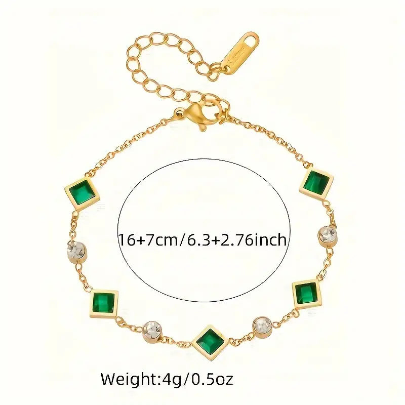 Pulseira Quadrados Verdes e Pedrinhas Brancas