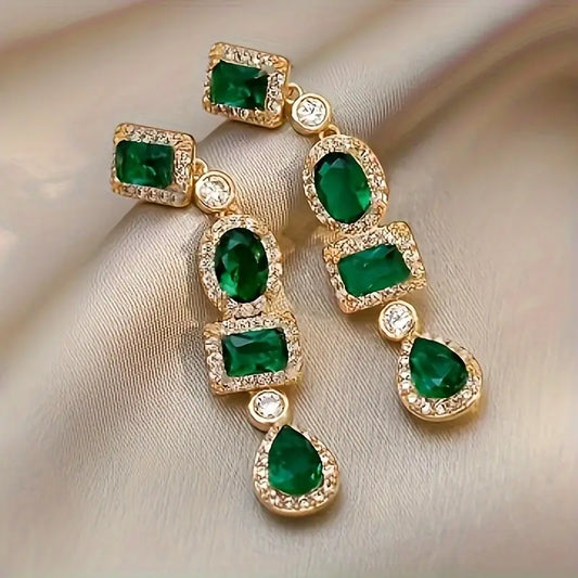 Brincos Compridos Quatro Pedras Verdes