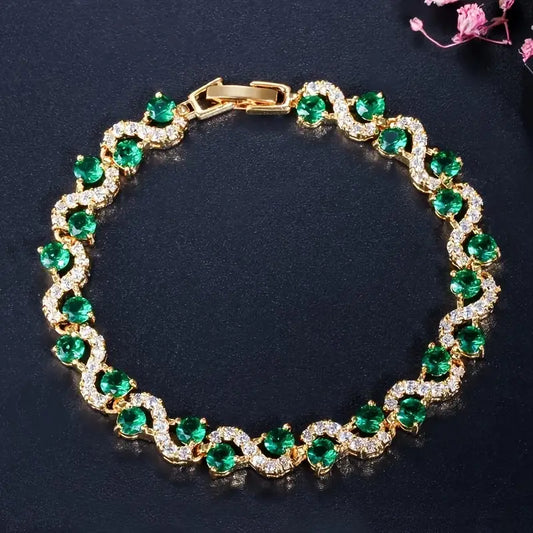 Pulseira Ondas em S com Pedras Verdes Redondas