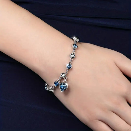 Pulseira Pedras Azuis e Brancas com Coração