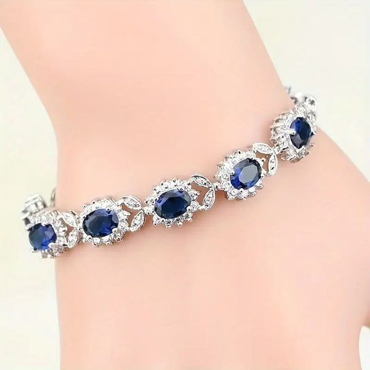 Pulseira Ovais Azuis com Folhas de Pedrinhas