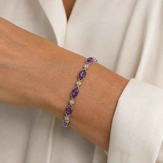 Pulseira Ovais Roxas e Pedrinhas Brancas