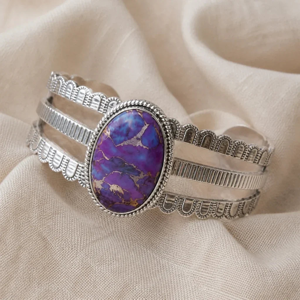 Pulseira Rígida Três Aros com Pedra Roxa