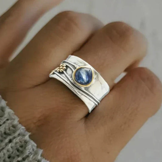Anel Largo Gota Azul com Flor Dourada
