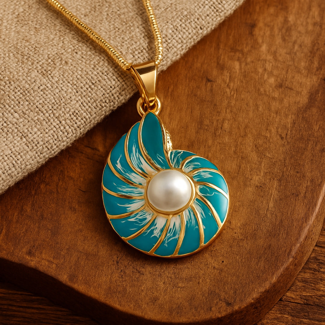 Colar Concha em Espiral Azul com Pérola