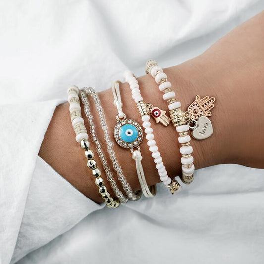 Conjunto Seis Pulseiras com Olho e Mão de Fátima