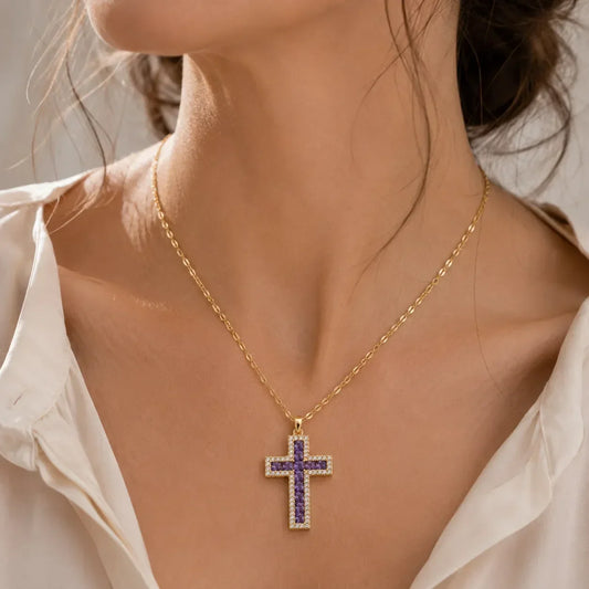 Colar Cruz com Pedras Roxas