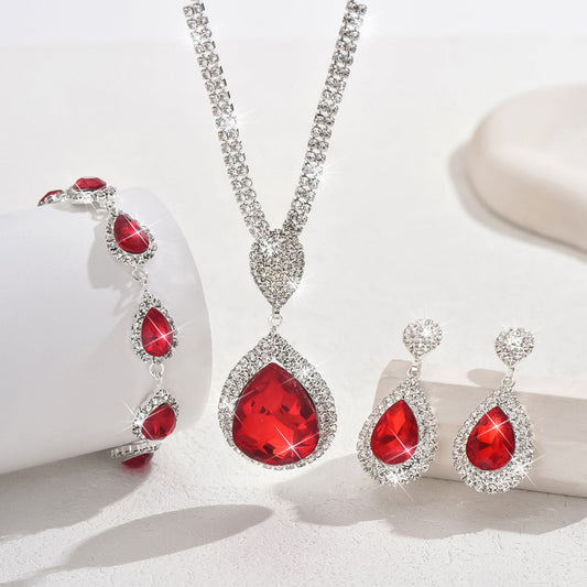 Conjunto Colar, Pulseira e Brincos Gota Vermelha