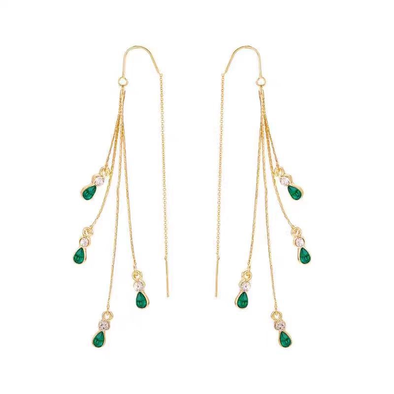 Brincos Quatro Correntes com Gotas Verdes