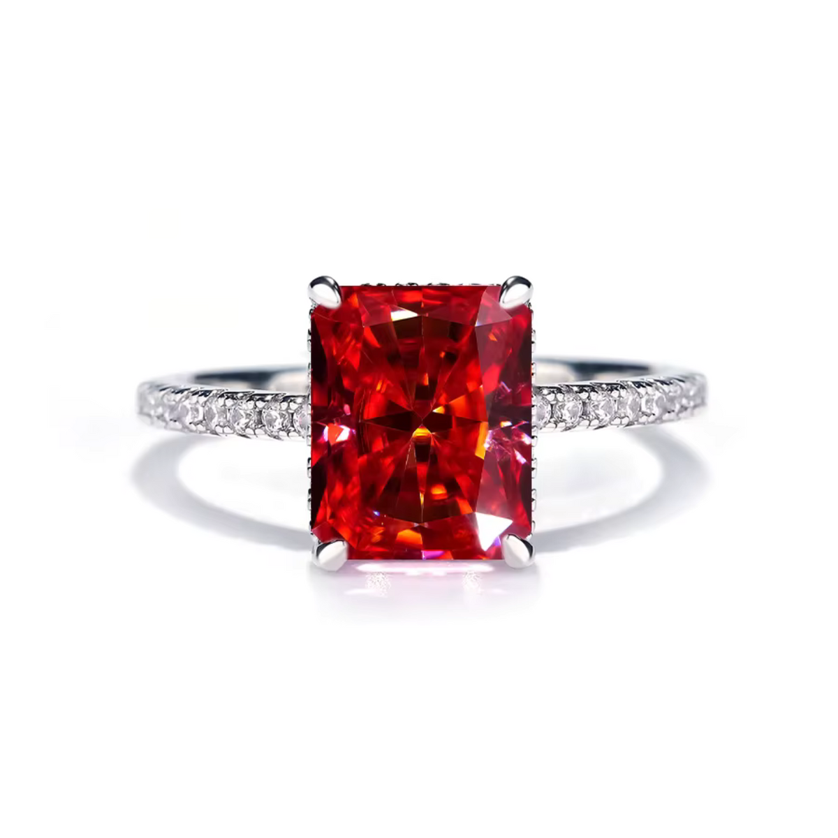 Anel Rectangular Vermelho com Aro de Pedrinhas