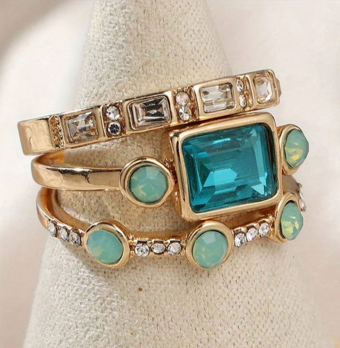 Conjunto Três Anéis com Pedra Quadrada Azul