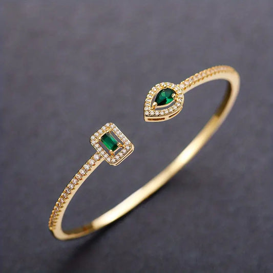 Pulseira Rígida Aberta Rectângulo e Gota Verdes