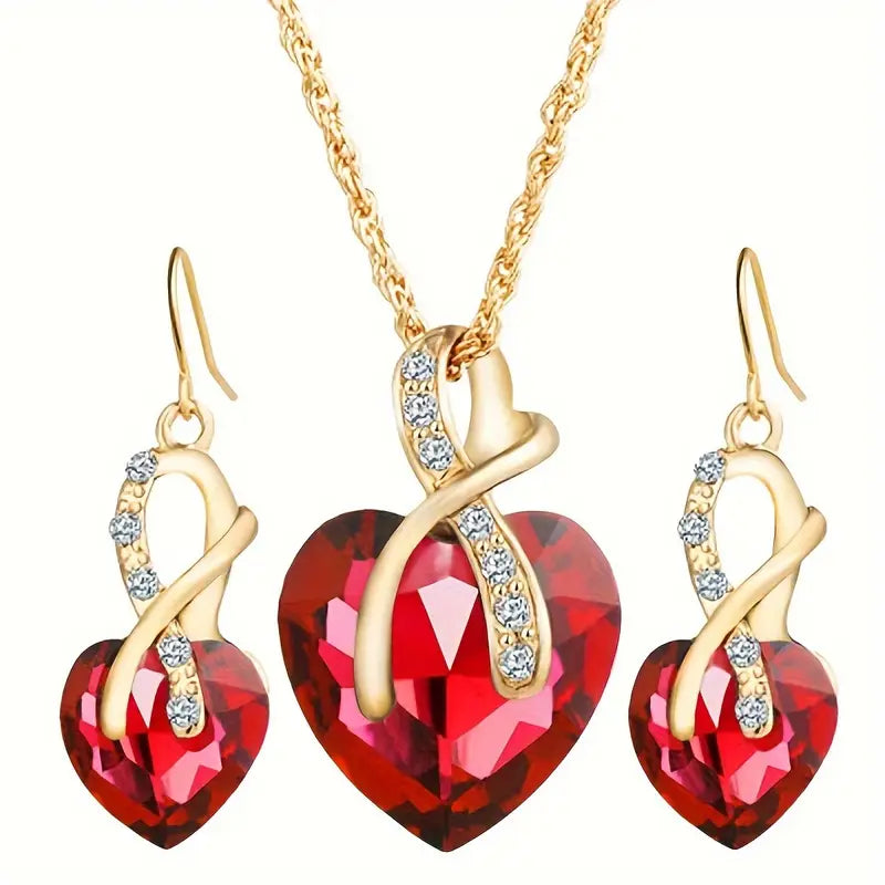 Conjunto Colar e Brincos Coração Vermelho com Laçada