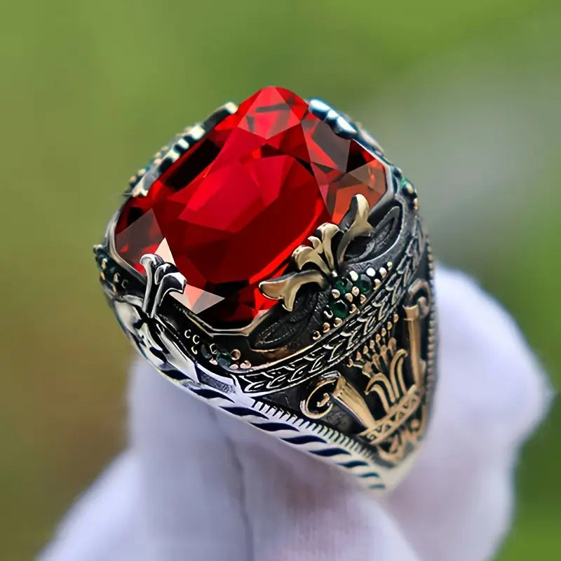 Anel Pedra Vermelha Rectangular com Flor-de-Lis