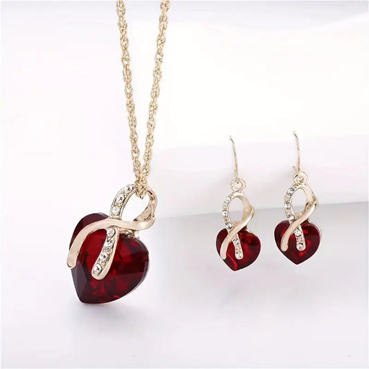 Conjunto Colar e Brincos Coração Vermelho com Laçada