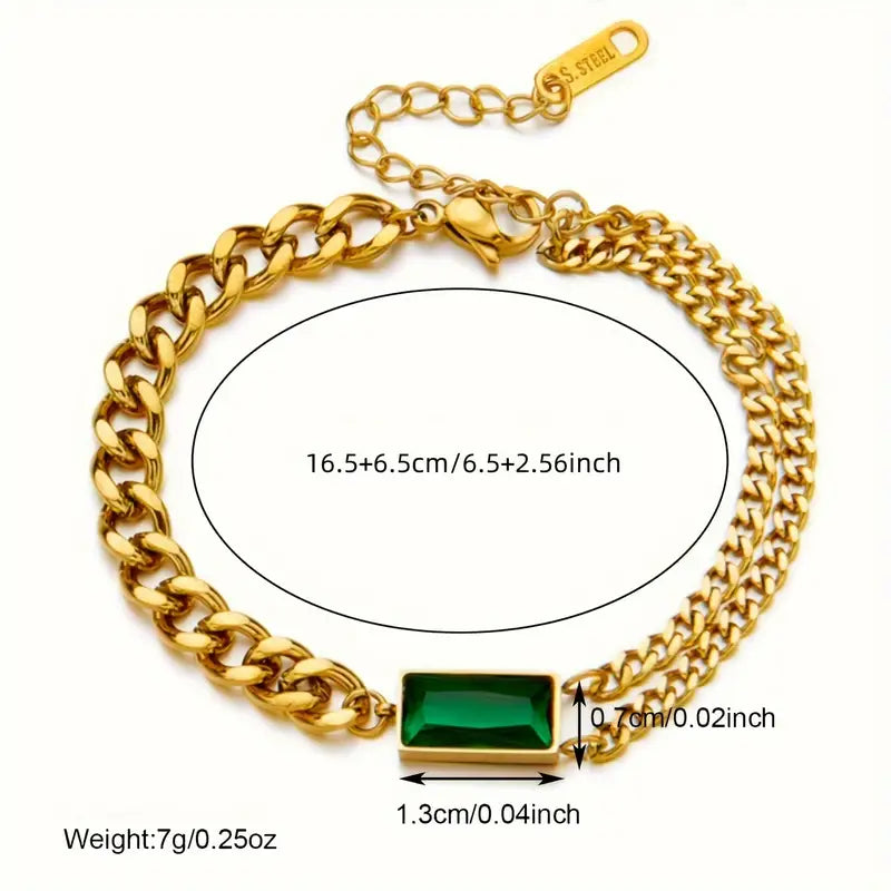 Pulseira Barbela Grossa e Fina com Rectângulo Verde