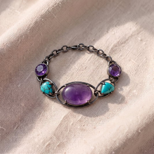 Pulseira Rígida Aberta com Pedra Roxa Oval