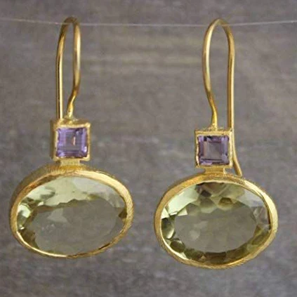 Brincos Pedra Verde-Clara com Quadrado Roxo
