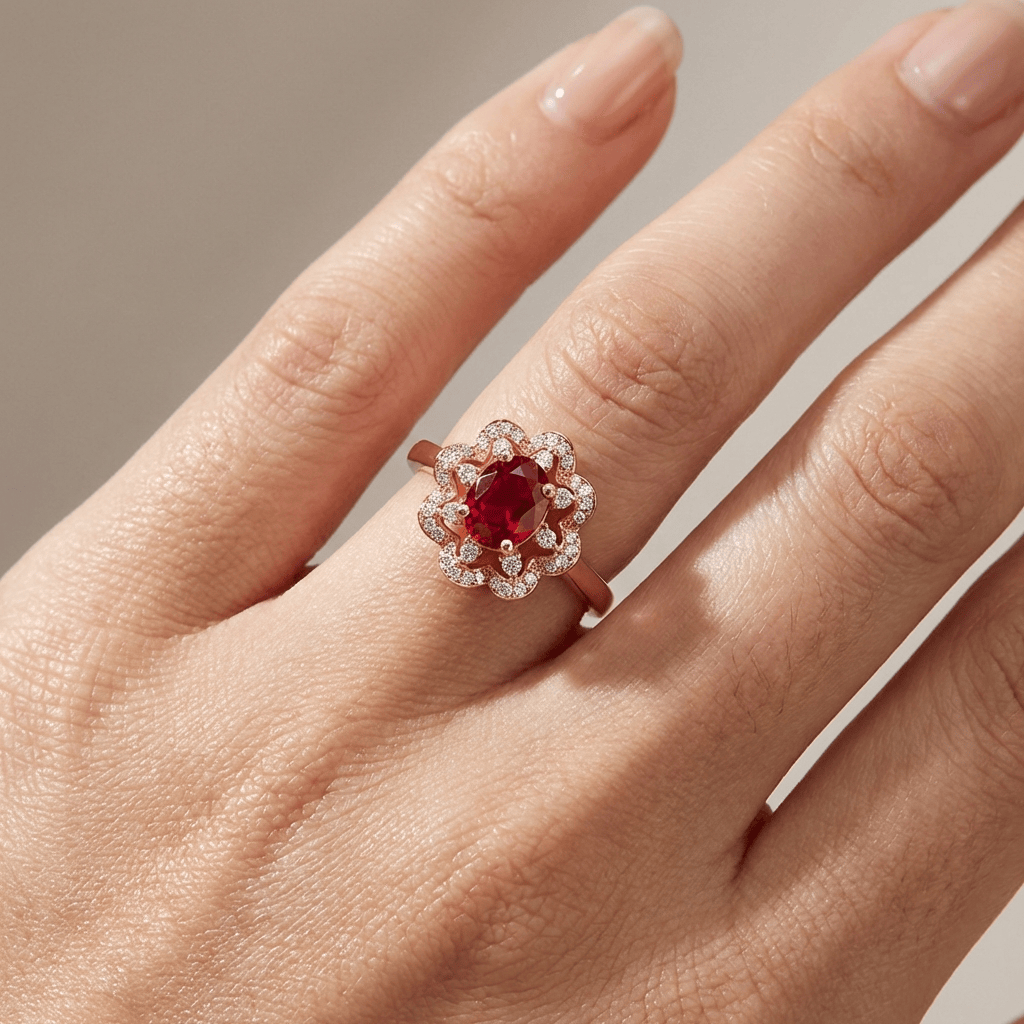 Anel Oval Vermelho com Pétalas de Pedrinhas