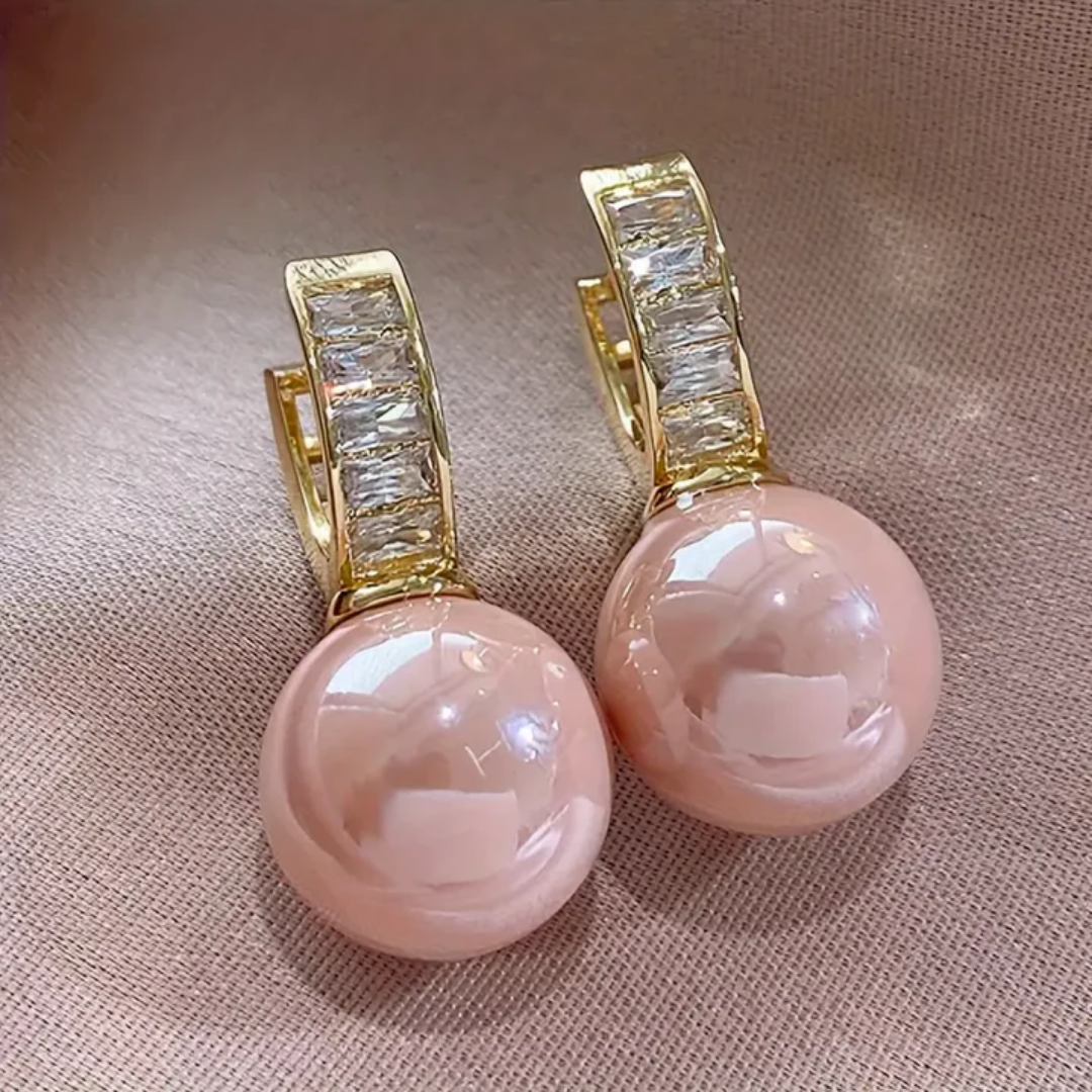 Brincos Pérola Rosa com Pedrinhas Rectangulares