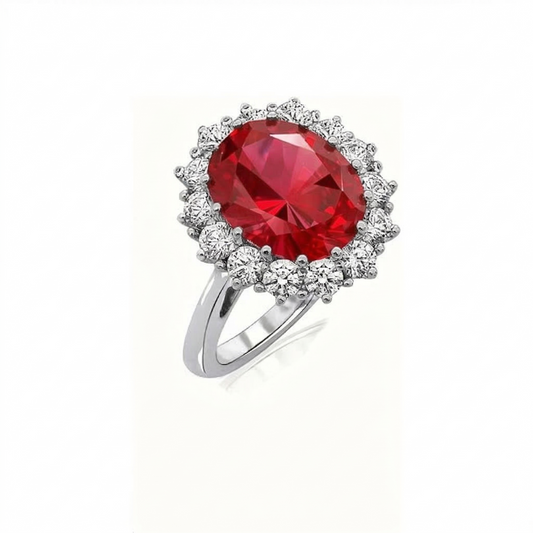 Anel Oval Vermelho Grande com Orla de Pedras Brancas