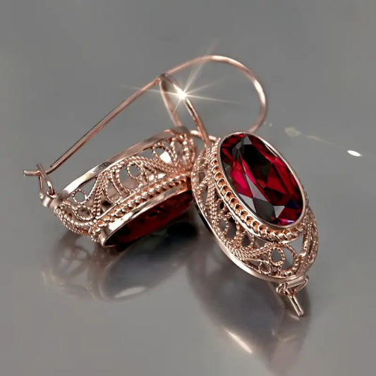 Brincos Oval Vermelho em Filigrana Dourado-Rosa