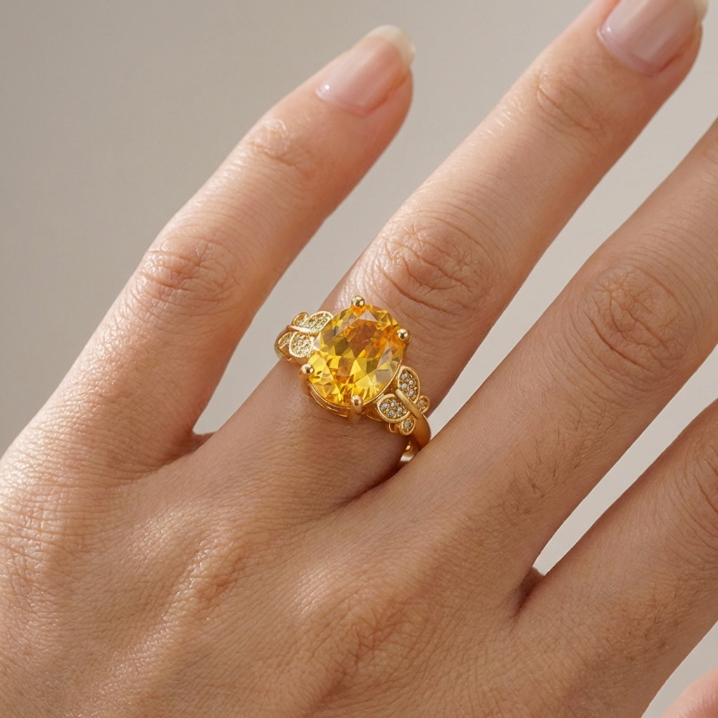Anel Aberto Oval Amarelo com Borboletas