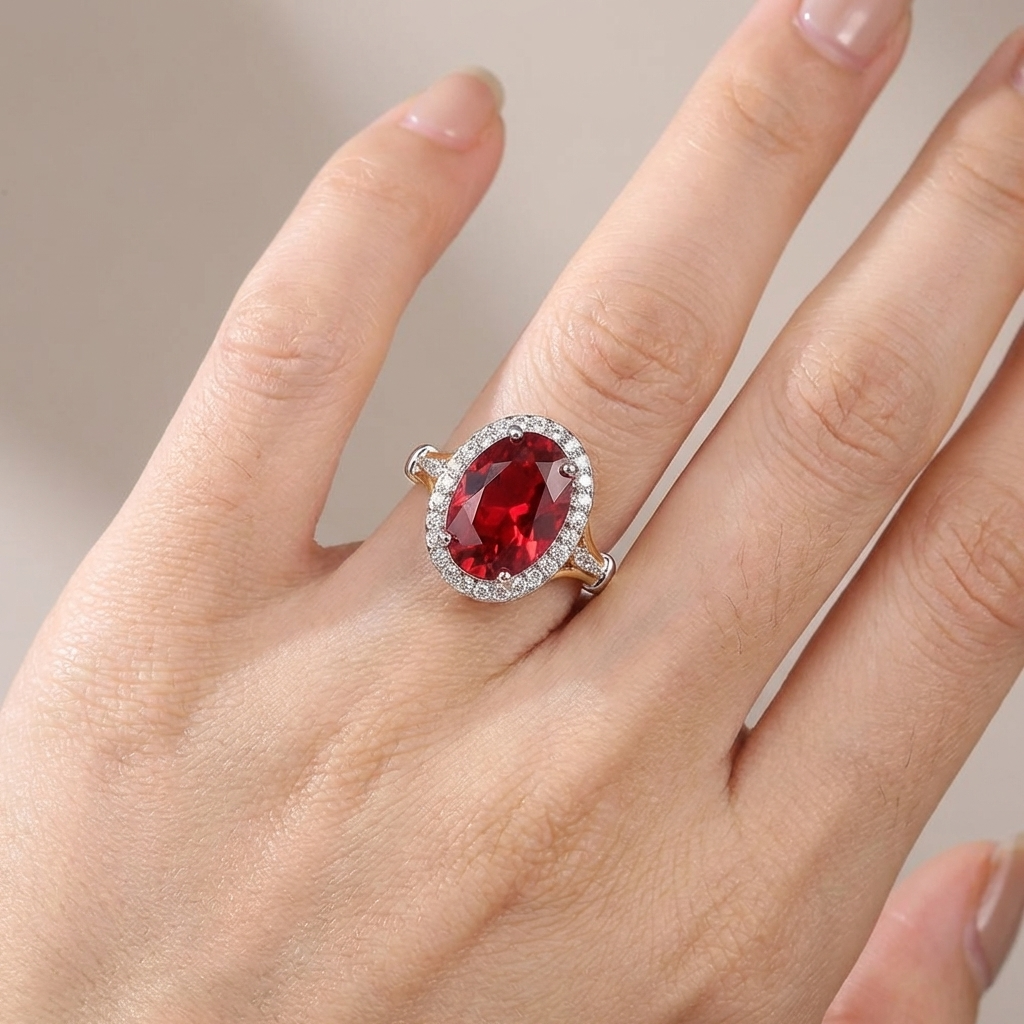 Anel Oval Vermelho com Orla Prateada e Aro Dourado