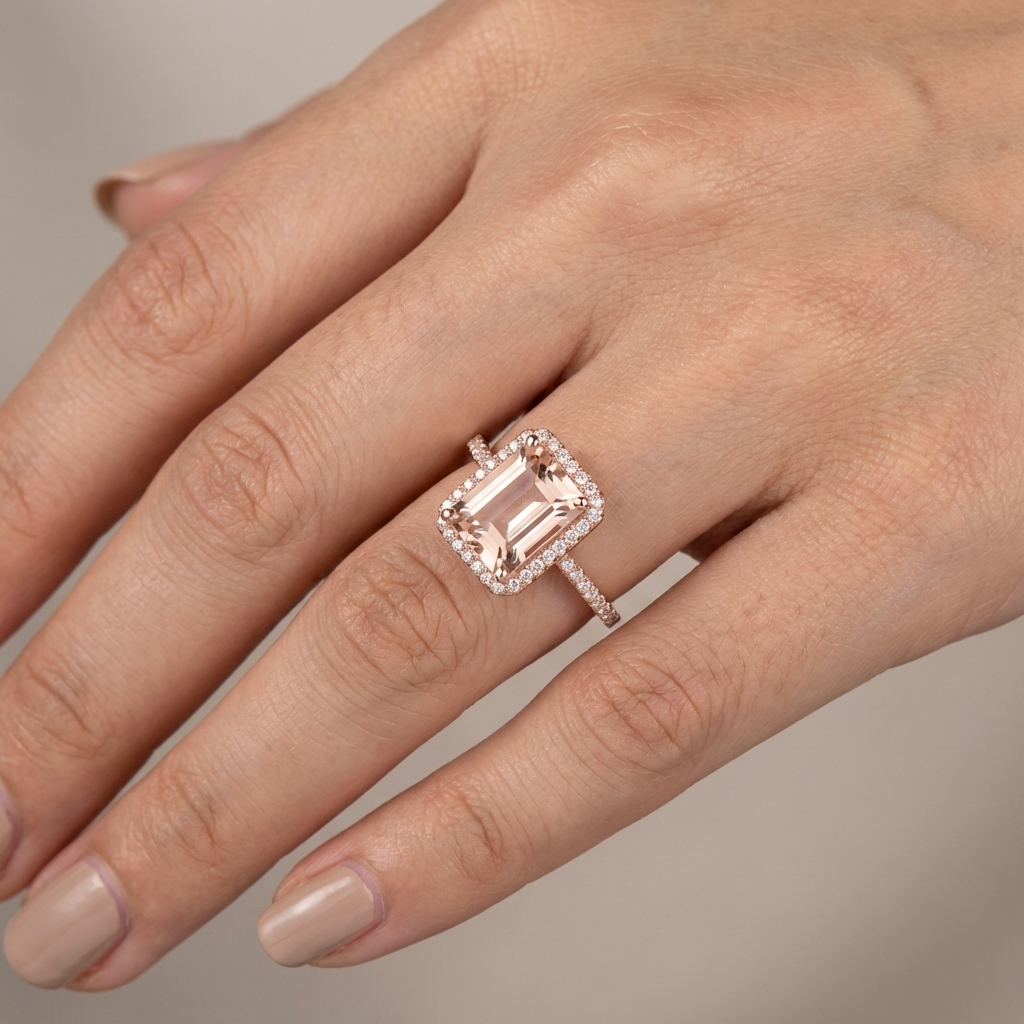 Anel Rectangular Cor de Pêssego com Orla de Pedrinhas
