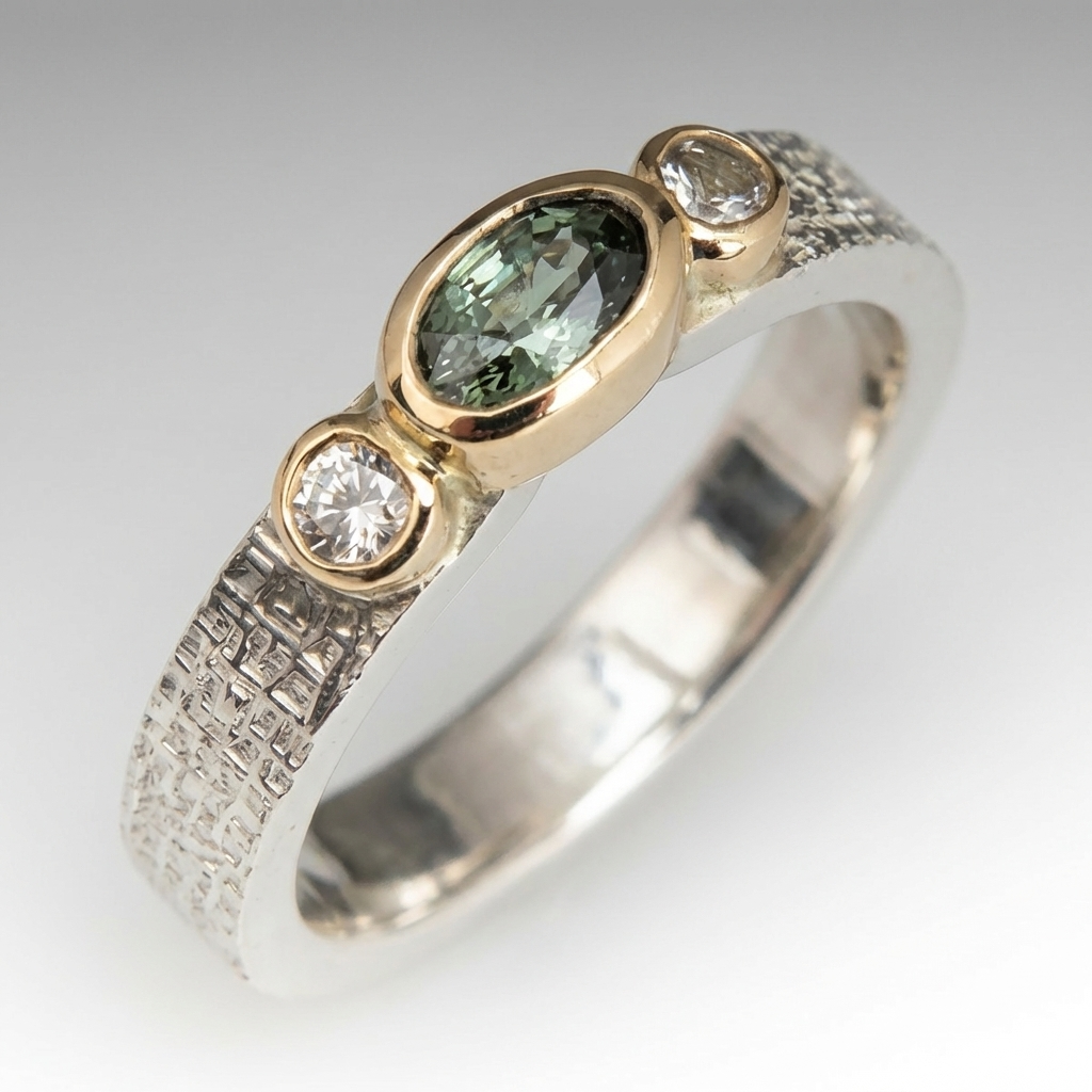 Anel Oval Verde com Aro Texturado