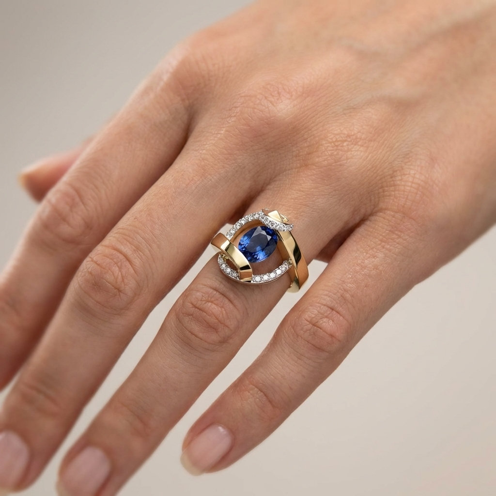 Anel Assimétrico Bicolor com Oval Azul