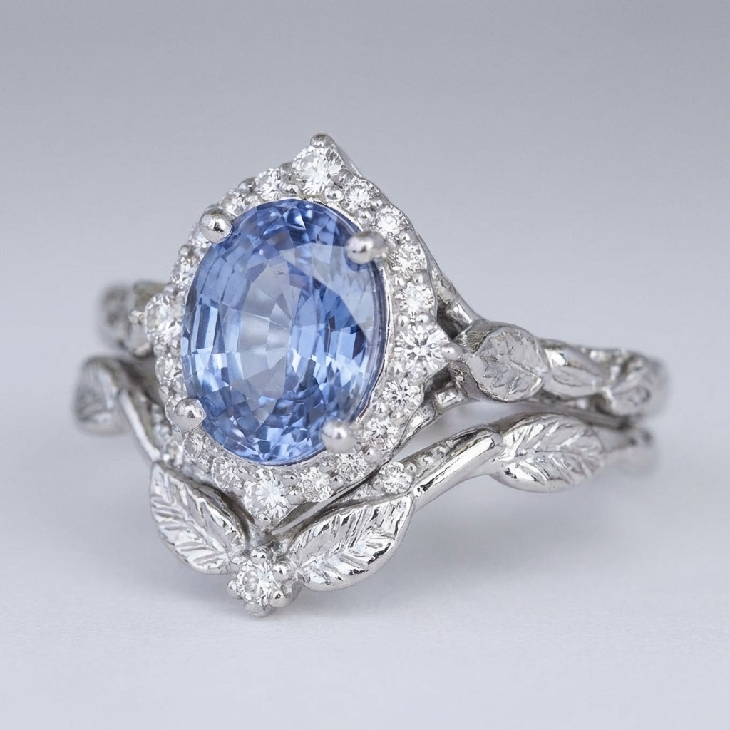 Anel Oval Azul-Claro com Folhas Prateadas