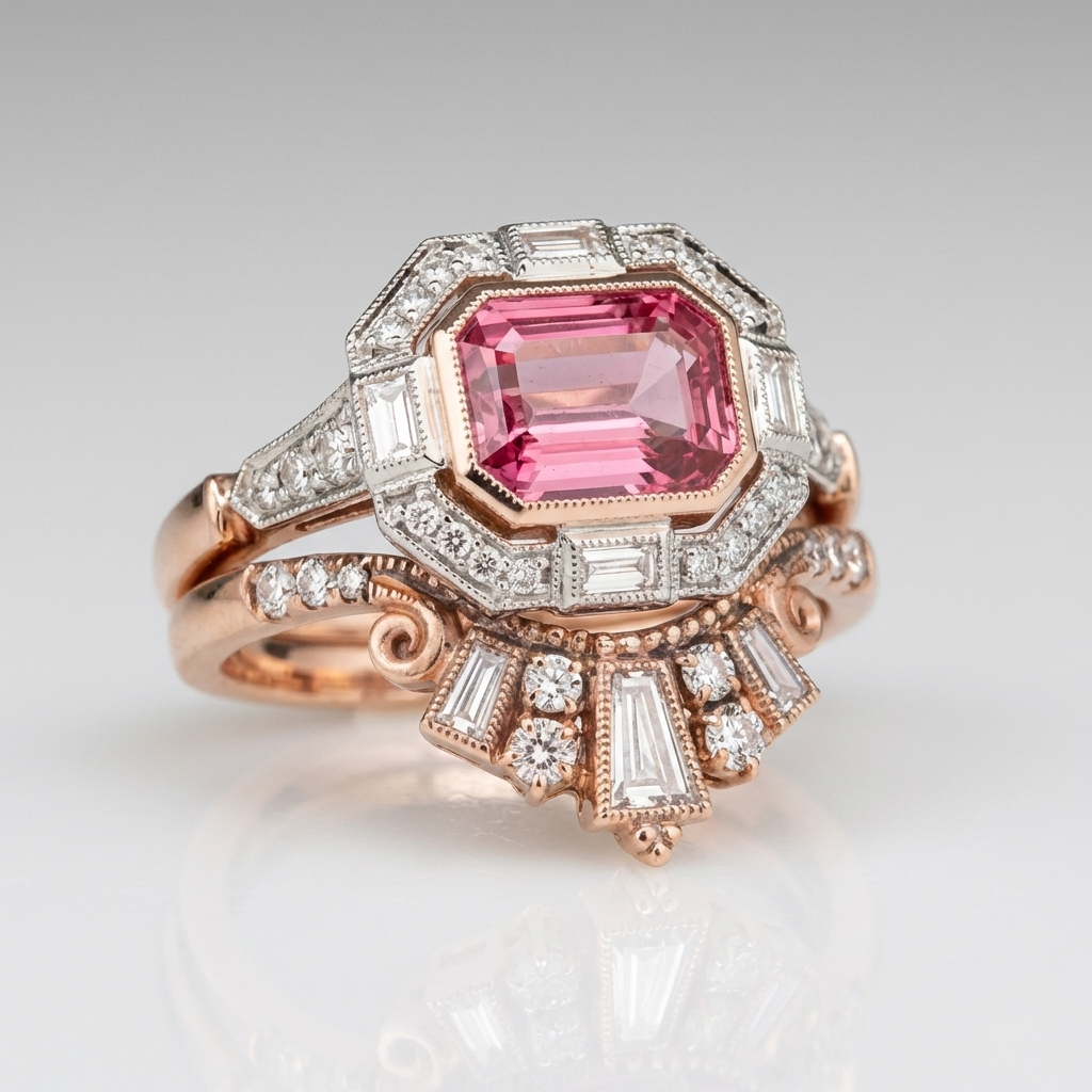Anel Rectangular Rosa com Moldura Prateada