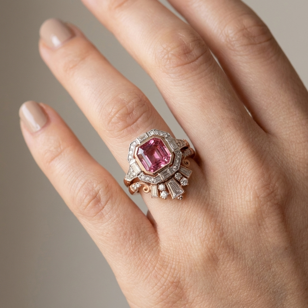 Anel Rectangular Rosa com Moldura Prateada
