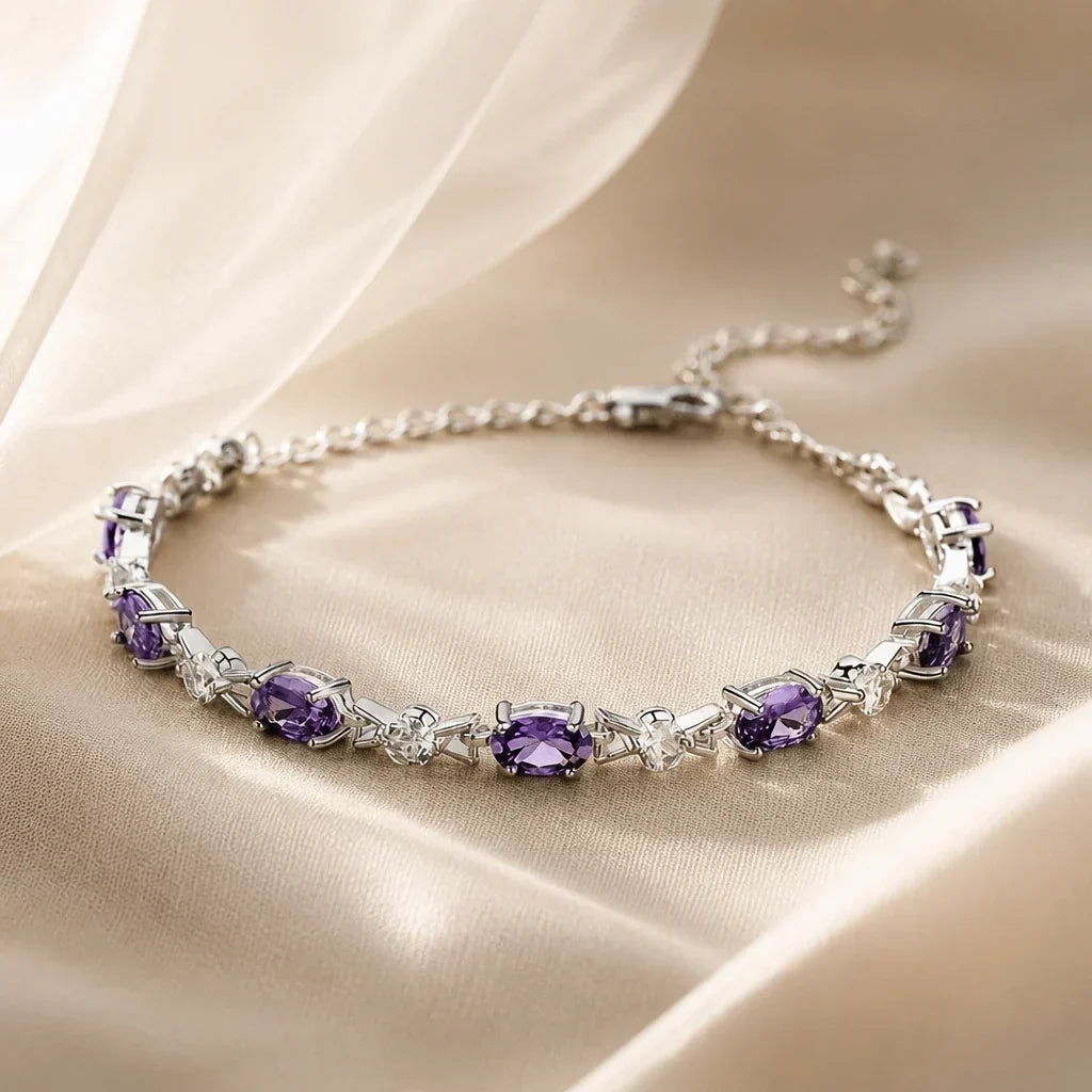 Pulseira Ovais Roxas e Pedrinhas Brancas