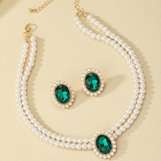 Conjunto Colar e Brincos Oval Verde com Orla de Pérolas