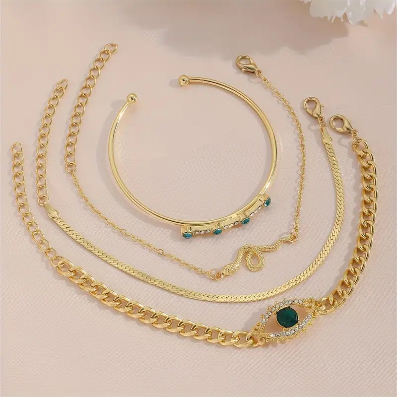 Conjunto Quatro Pulseiras com Olho Verde e Serpente