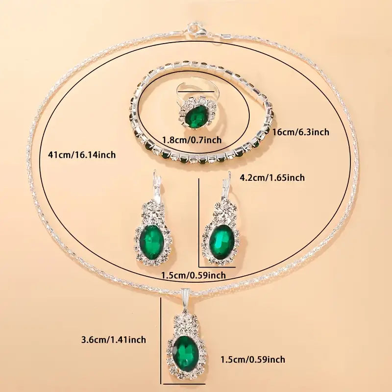 Conjunto Quatro Peças Oval Verde com Orla de Pedrinhas