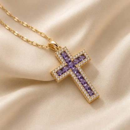 Colar Cruz com Pedras Roxas