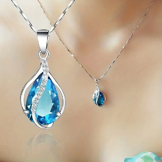 Colar Gota Azul com Faixa de Pedrinhas