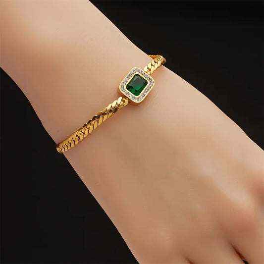 Pulseira Barbela Achatada com Rectângulo Verde